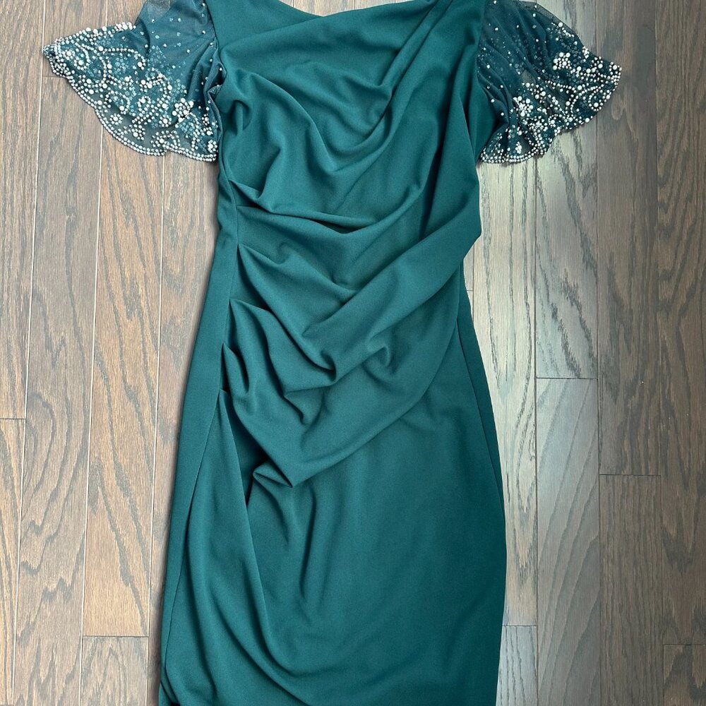 Betsy & Adam Beaded Mesh Sleeve Ruched Evening Dress Pine Green Size 12